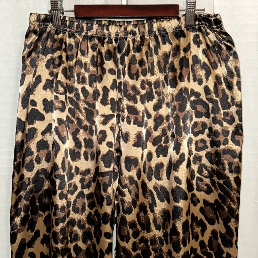 Satin 2X Animal Print Tan Black Brown Wide Leg Pajama Pants - Picture 3 of 8